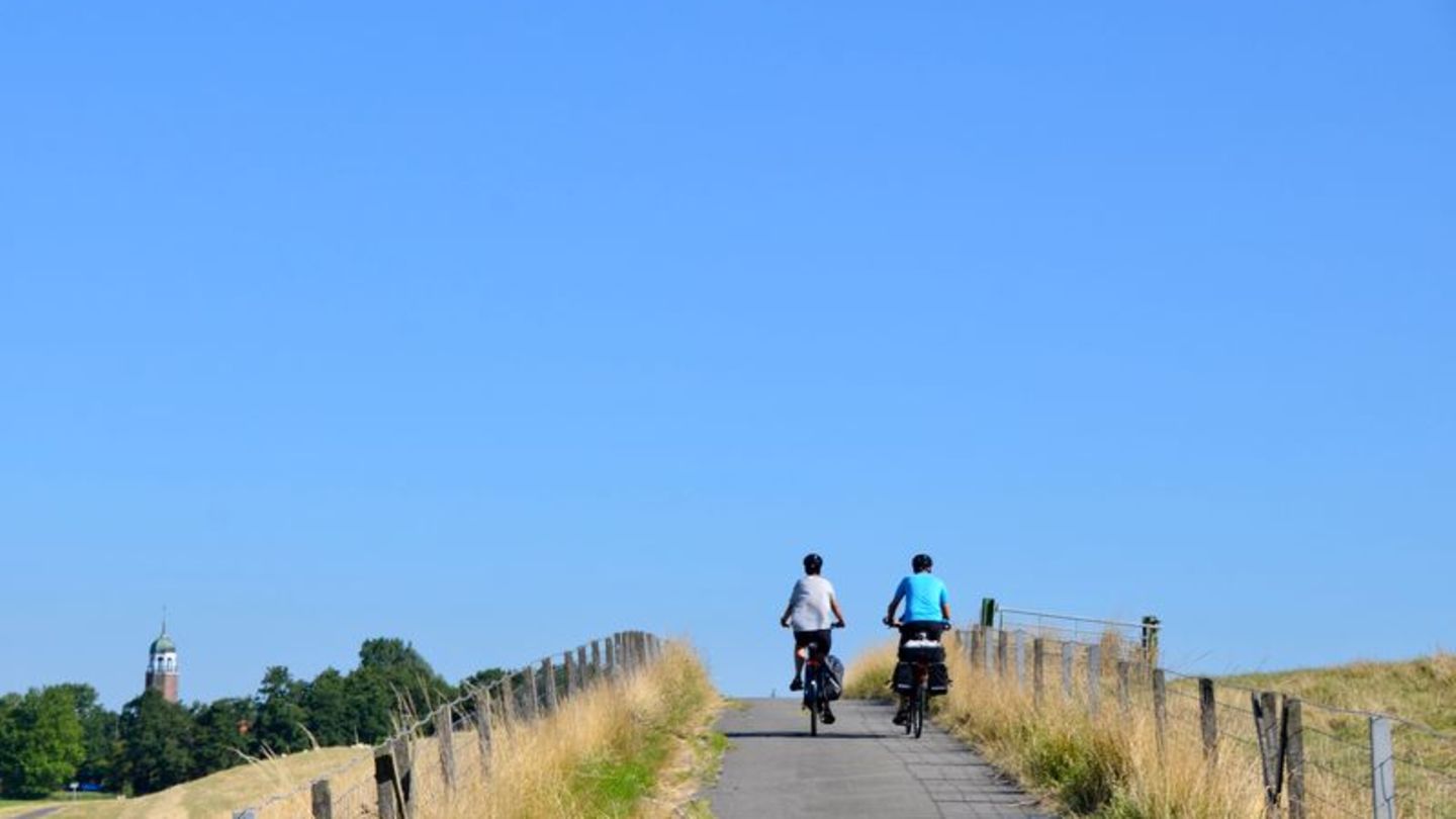 Zwei Radfahrer radeln über die Dollard-Route