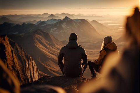 Zwei Reisende schauen von einem Berg ins Tal