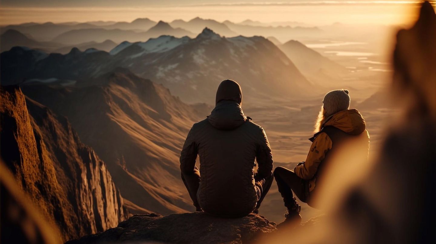 Zwei Reisende schauen von einem Berg ins Tal