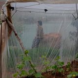 Eine Frau sitzt neben einem Gewächshaus an einem Fluss