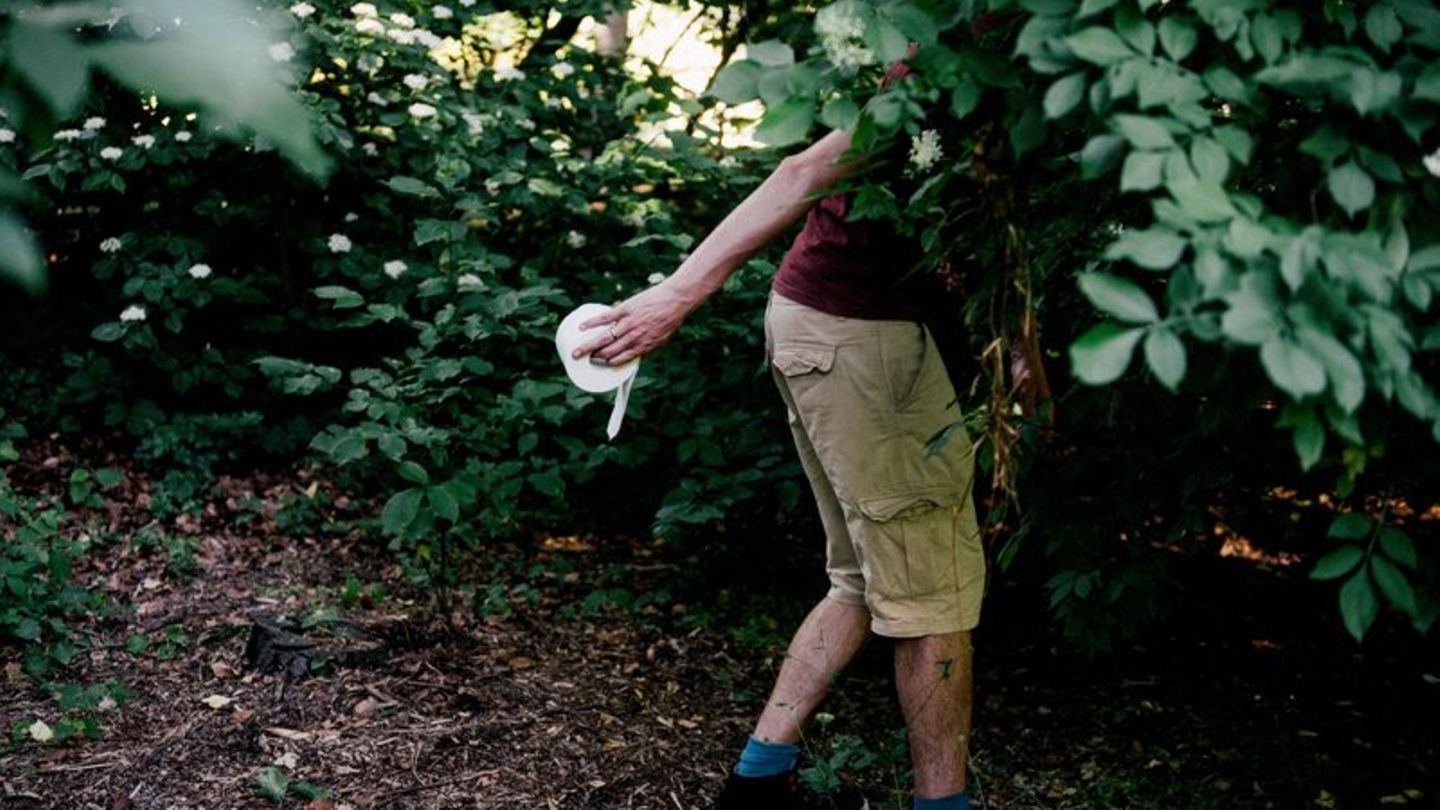Mann geht mit Toilettenpapier in ein Gebüsch