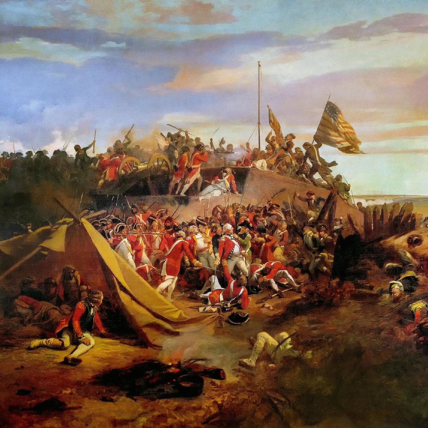 Rebellen nehmen 1781 eine britische Stellung vor Yorktown ein. Unabhängigkeitskämpfer wie Kolonialmacht werden von Truppen aus Europa unterstützt, viele aus deutschen Landen (Gemälde des Franzosen Eugène Louis Lami, 1840)