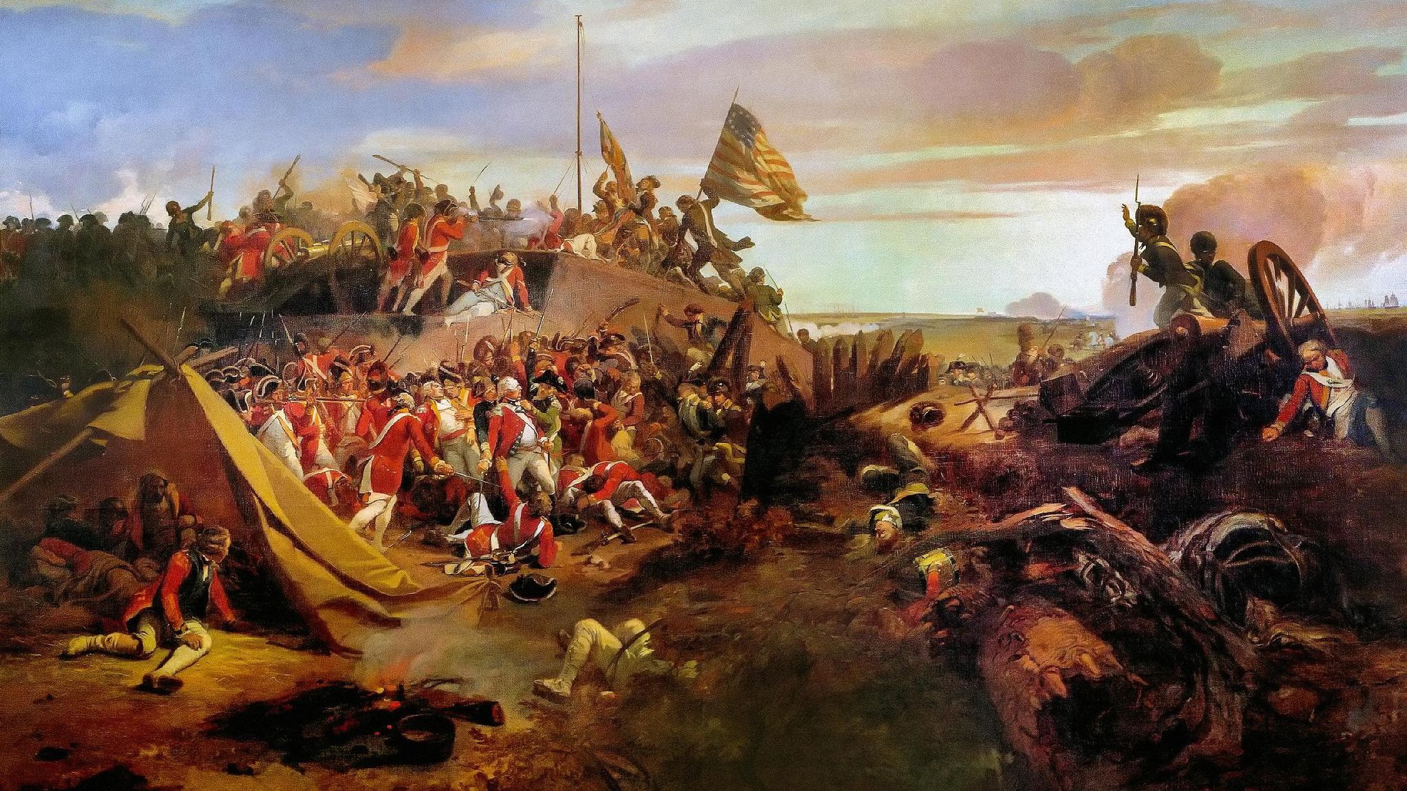 Rebellen nehmen 1781 eine britische Stellung vor Yorktown ein. Unabhängigkeitskämpfer wie Kolonialmacht werden von Truppen aus Europa unterstützt, viele aus deutschen Landen (Gemälde des Franzosen Eugène Louis Lami, 1840)