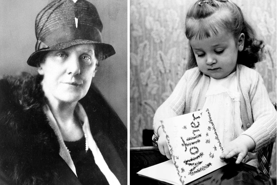 Doppelporträt: Anna Jarvis mit Hut sowie ein Mädchen, das eine Muttertagskarte schreibt