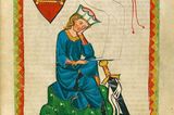 Der Codex Manesse, auch als Große Heidelberger Liederhandschrift bekannt, gilt als die umfangreichste und berühmteste Sammlung mittelhochdeutscher Lied- und Spruchdichtung. Fertiggestellt um etwa 1340, wurde die auf 426 Pergamentseiten beidseitig beschriebene Handschrift vor allem durch ihre 137 farbenprächtigen, ganzseitigen Miniaturen berühmt (im Bild: der Sänger Walther von der Vogelweide)