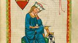 Der Codex Manesse, auch als Große Heidelberger Liederhandschrift bekannt, gilt als die umfangreichste und berühmteste Sammlung mittelhochdeutscher Lied- und Spruchdichtung. Fertiggestellt um etwa 1340, wurde die auf 426 Pergamentseiten beidseitig beschriebene Handschrift vor allem durch ihre 137 farbenprächtigen, ganzseitigen Miniaturen berühmt (im Bild: der Sänger Walther von der Vogelweide)