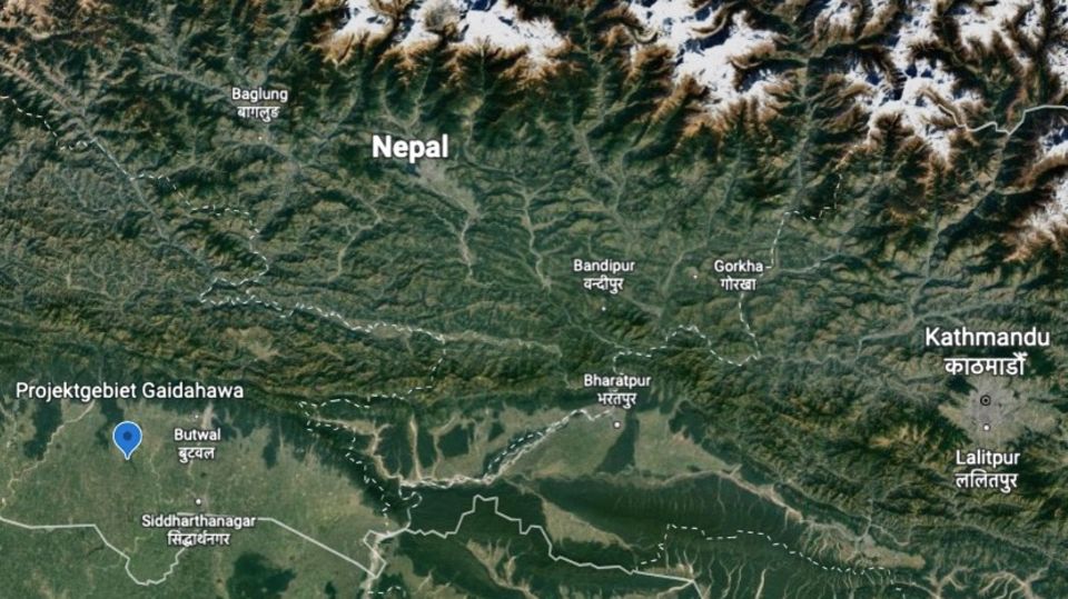 Das Satellitenbild zeigt das Projektgebiet Gaidahawa in Nepals Tiefland Das Satellitenbild zeigt das Projektgebiet Gaidahawa in Nepals Tiefland