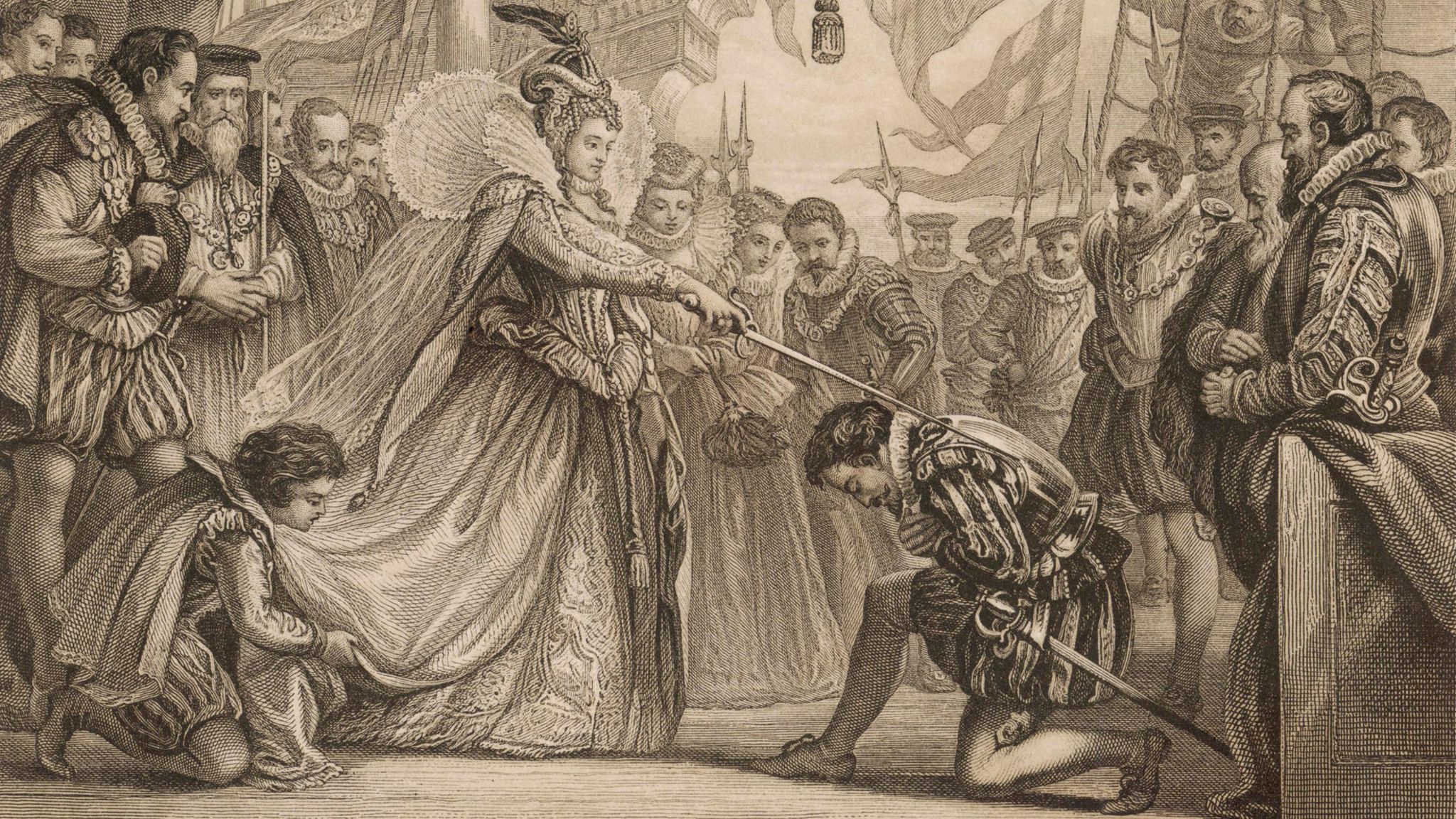 Kaperfahrten: Nach seiner Reise um die ganze Welt schlägt Queen Elizabeth Sir Francis Drake an Bord seines Schiffes 'Golden Hind' zum Ritter Nach seiner Reise um die ganze Welt schlägt Queen Elizabeth Sir Francis Drake an Bord seines Schiffes 'Golden Hind' zum Ritter