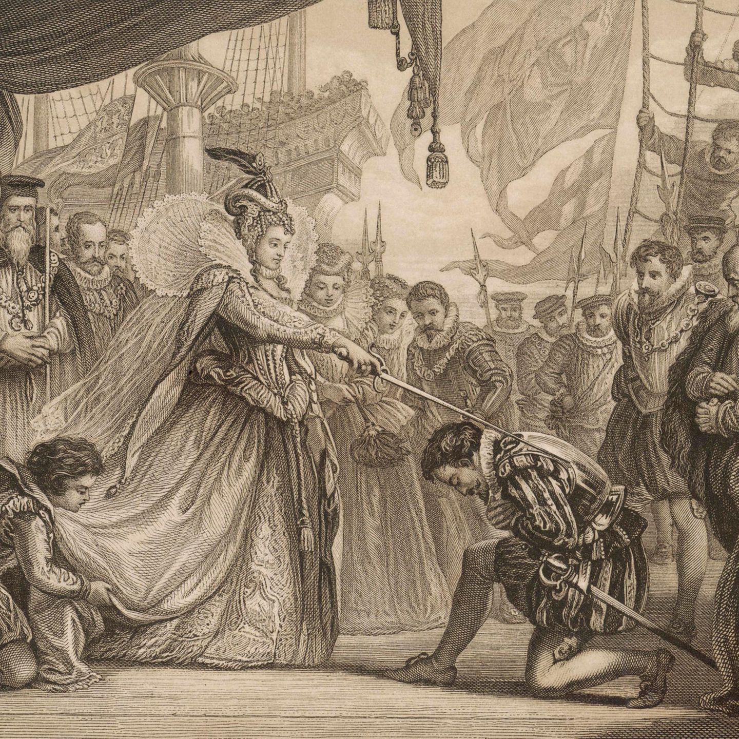 Nach seiner Reise um die ganze Welt schlägt Queen Elizabeth Sir Francis Drake an Bord seines Schiffes 'Golden Hind' zum Ritter