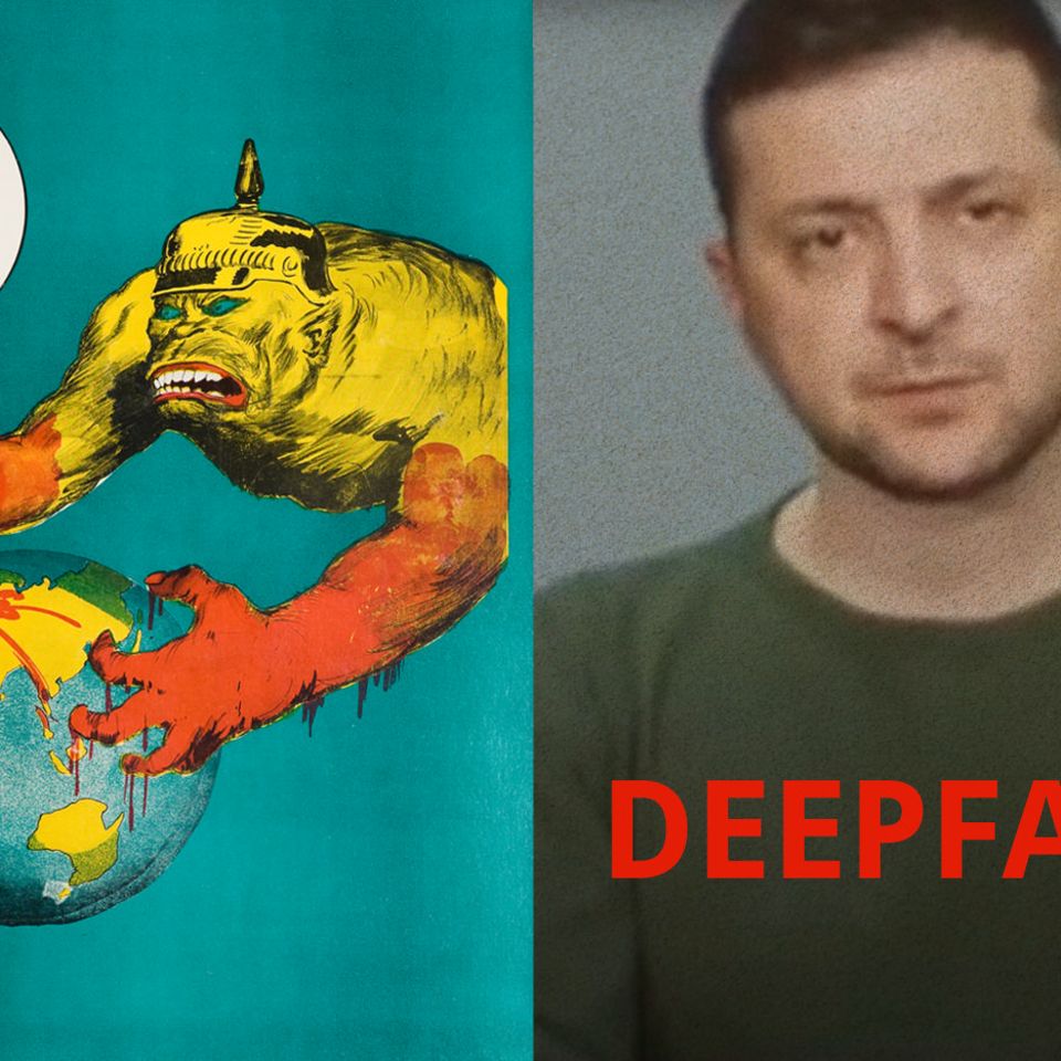 Collage zeigt Illustration von 1918 und einen gefälschtes Videoausschnitt von Selenskyj