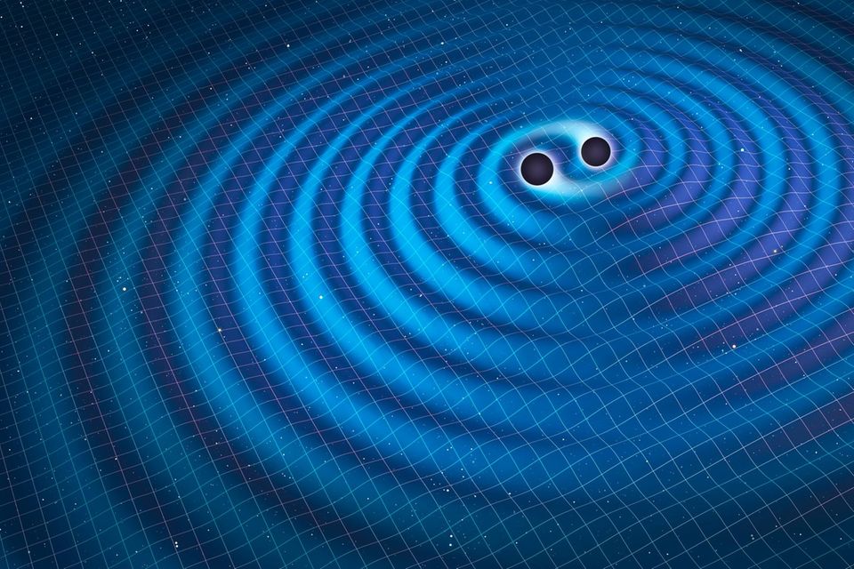 Illustration von zwei Schwarzen Löchern, die Gravitationswellen ausstrahlen