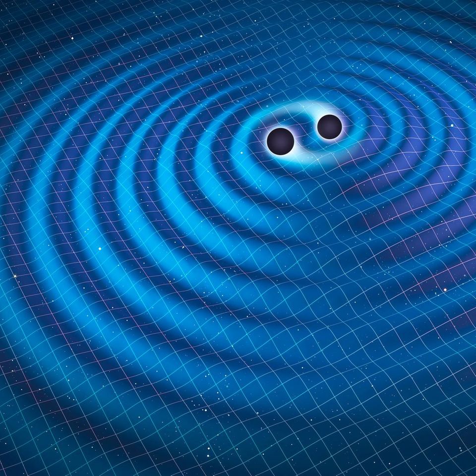 Illustration von zwei Schwarzen Löchern, die Gravitationswellen ausstrahlen
