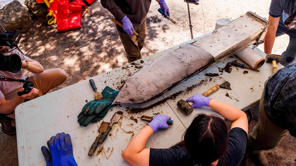 Mitglieder des Forschungsteams versammeln sich um eine Sedimentprobe, die vom Grund des Crawford Lake entnommen wurde. 