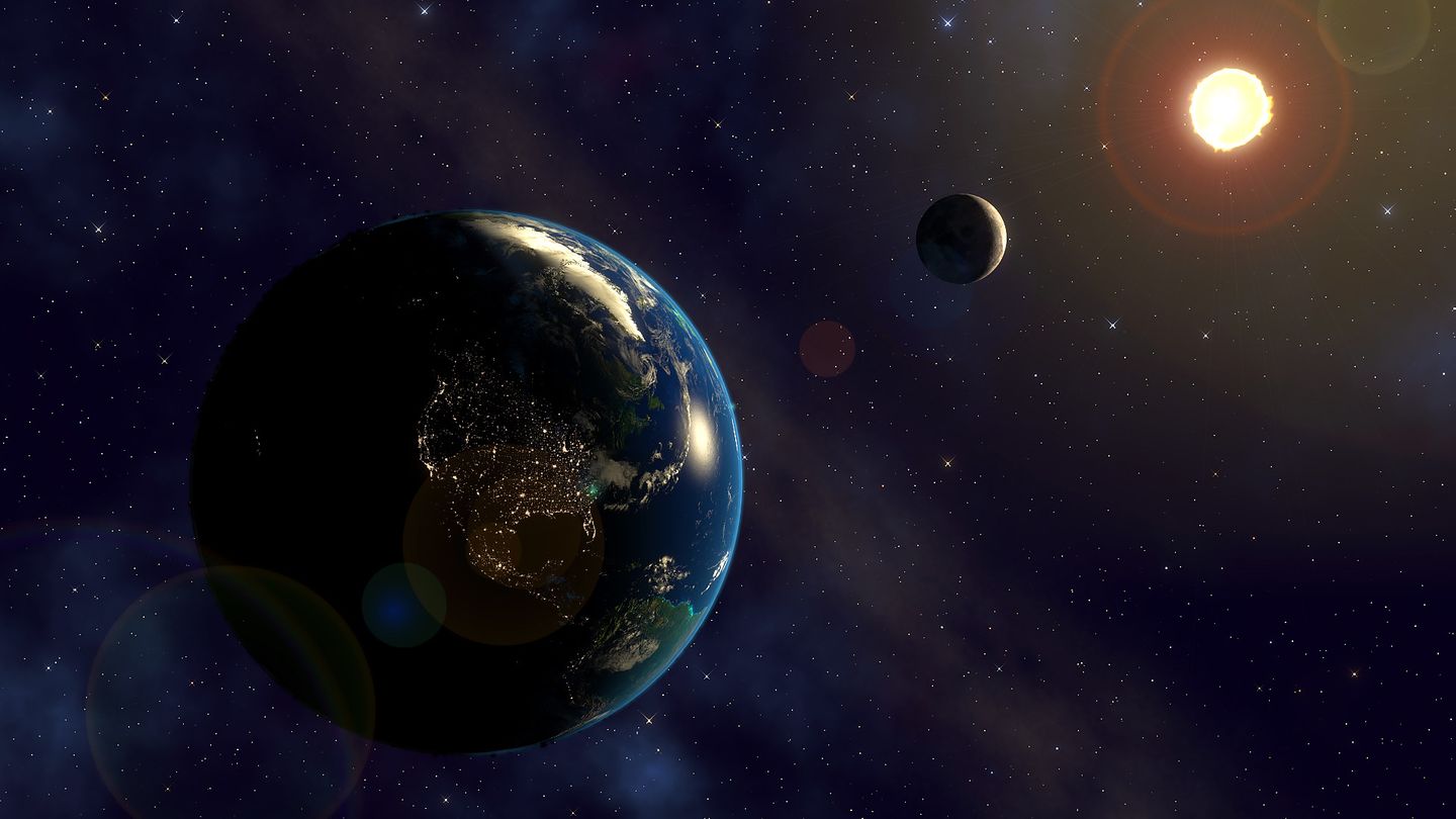 Die künstlerische Illustration zeigt die Erde, den Mond und die Sonne