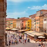 View from the Roman Arena Aphitheatre onto Piazza Bra in Verona, Italy