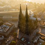 Cologne Cathedral (Kölner Dom), from a higher ground: captured 'on air' via Zeppelin in the early morning just after sunrise.