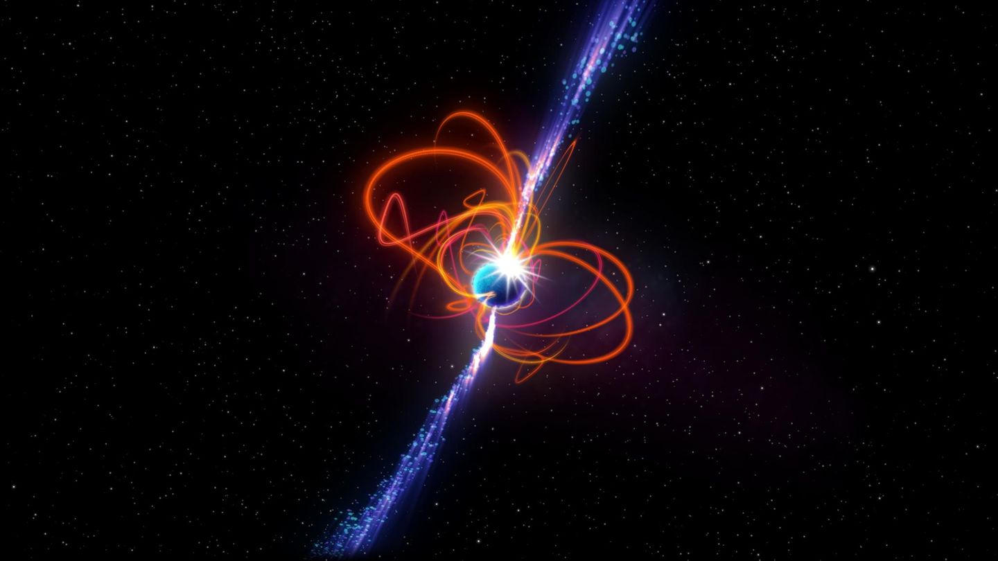 Künstlerische Darstellung des extrem langperiodischen Magnetars: einer seltenen Sternenart mit extrem starken Magnetfeldern, die gewaltige Energieausbrüche erzeugen können