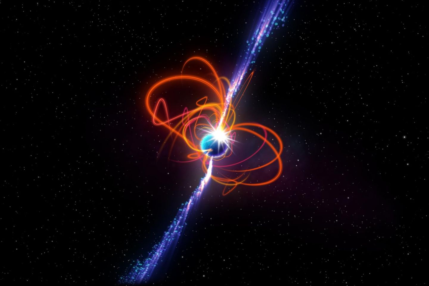 Künstlerische Darstellung des extrem langperiodischen Magnetars: einer seltenen Sternenart mit extrem starken Magnetfeldern, die gewaltige Energieausbrüche erzeugen können