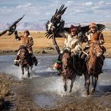Traditionelle Jäger sind mit Adlern auf ihren Pferden unterwegs