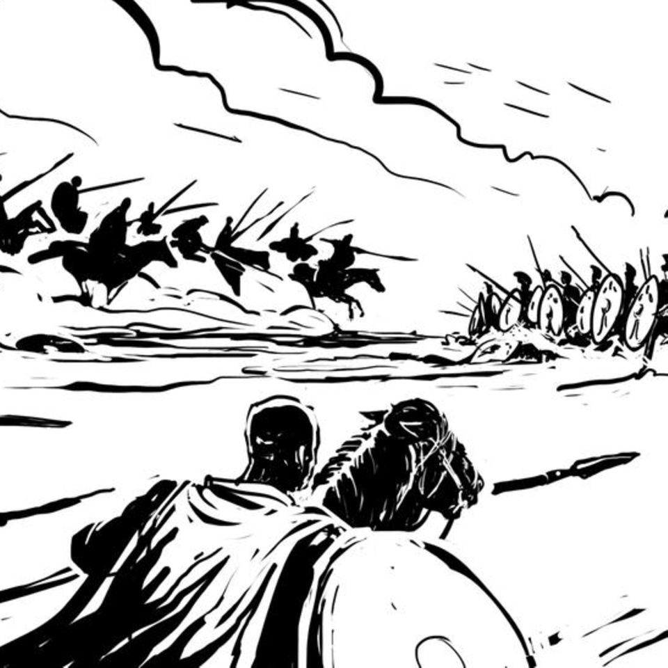 Gotische Reiter stürmen auf römische Legionäre zu, die sich hinter ihren Schilden verschanzen