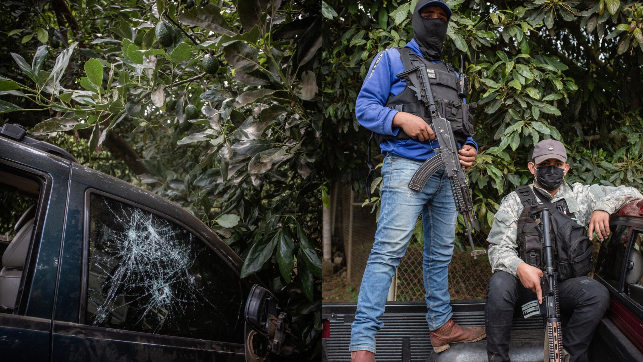 Bei einem Militäreinsatz gegen ein Kartell trafen Kugeln das Auto, und es rollte in eine Avocadoplantage. In den paramilitärischen "Pueblos Unidos" kämpfen Bauern zusammen mit ehemaligen Kartellmitgliedern (r.)