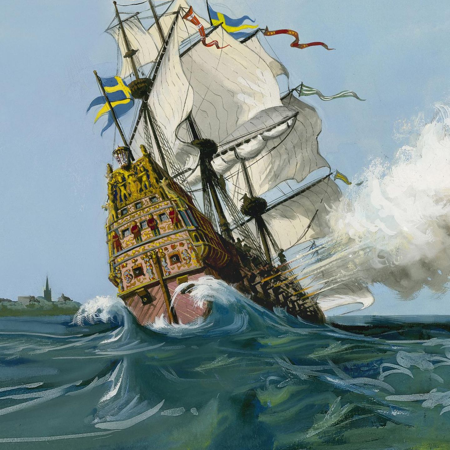 Ölgemälde des Schlachtschiffs "Vasa" unter vollen Segeln auf See mit starker Neigung nach links