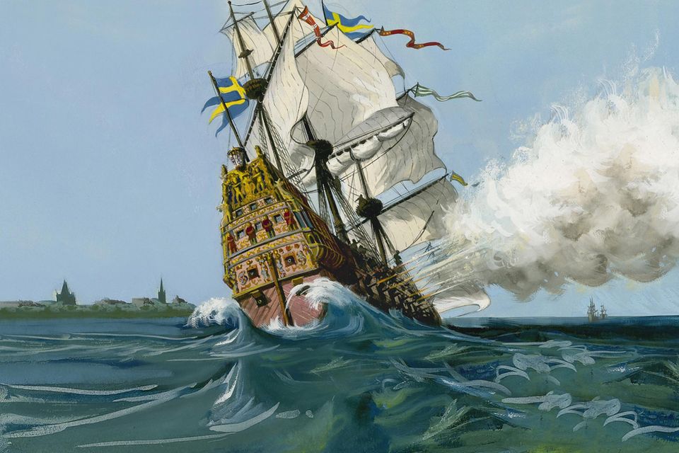 Ölgemälde des Schlachtschiffs "Vasa" unter vollen Segeln auf See mit starker Neigung nach links  1.5657