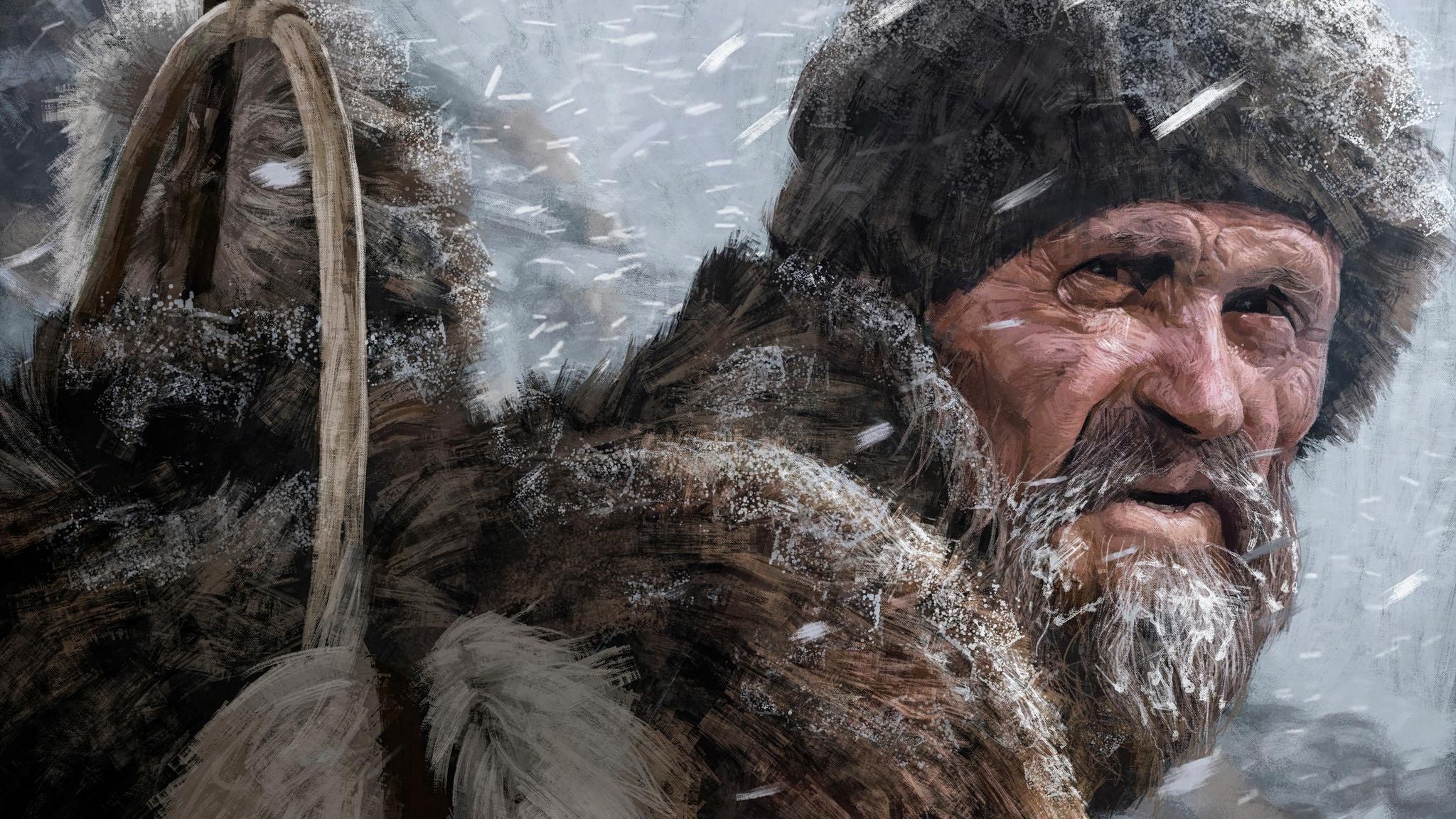 Ötzi mit Fellmütze und Umhang im Schneetreiben