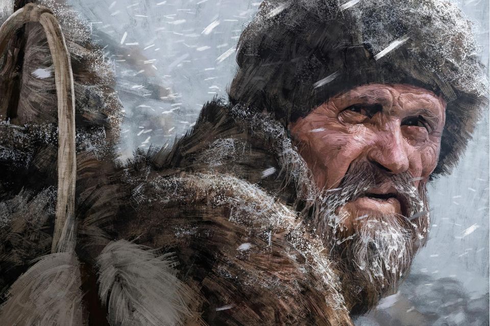 Ötzi mit Fellmütze und Umhang im Schneetreiben