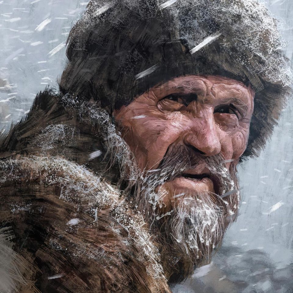 Ötzi mit Fellmütze und Umhang im Schneetreiben