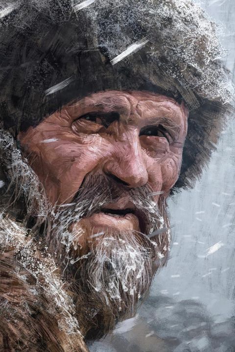 Ötzi mit Fellmütze und Umhang im Schneetreiben