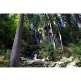 Ein Wasserfall in einem Wald mit hohen Felsen und Bäumen
