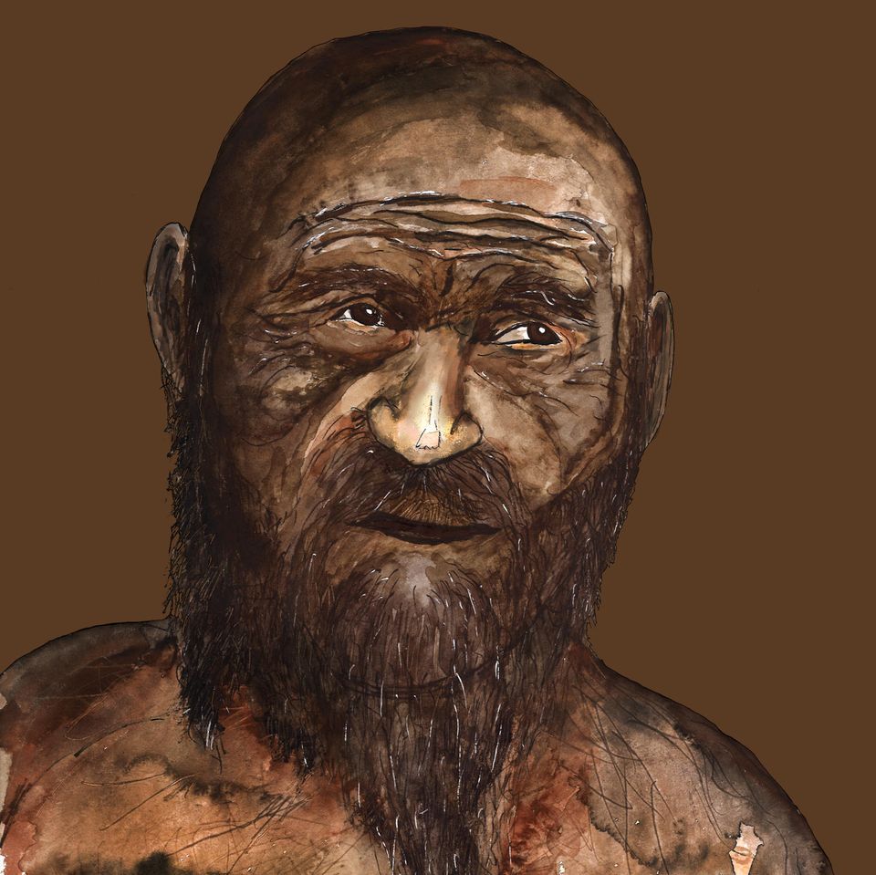 Illustration zeigt Ötzi kahl und mit dunkler Haut