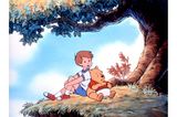 Pu der Bür und Christopher Robin sitzen unter einem Baum. Szene aus einem Zeichentrickfilm von 1988