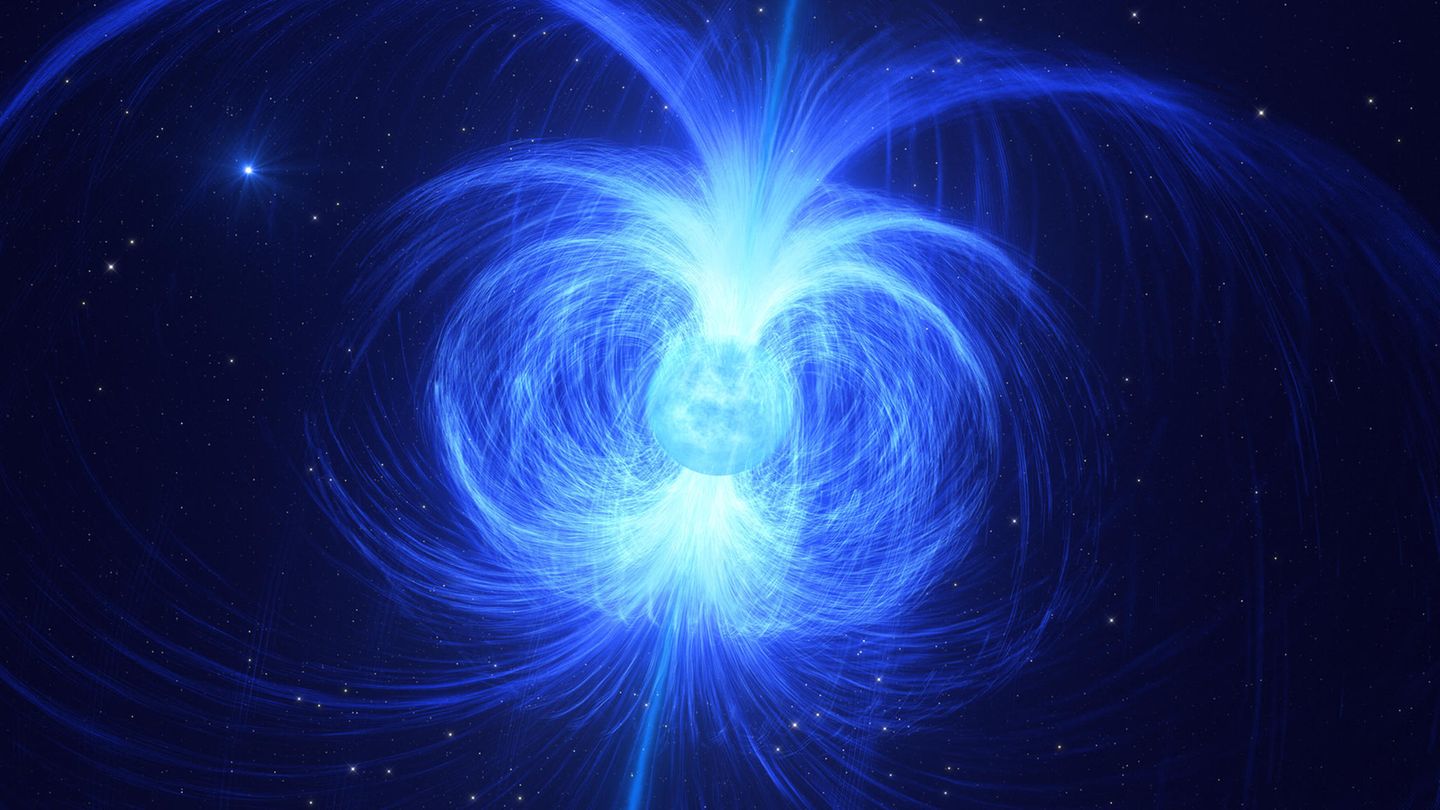 Der Heliumstern HD 45166 (hier eine künstlerische Darstellung) besitzt das stärkste Magnetfeld, das je bei solch einem Himmelskörper beobachtet wurde. Wenn er eines Tages kollabiert, könnte sein Sternleichnam einen Magnetaren bilden