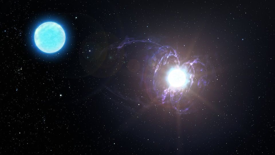 Der Heliumstern mit dem außergewöhnlichen Magnetfeld (rechts) ist nicht allein unterwegs: Er bildet mit einem "normalen" blauen Stern (links) ein Doppelsternsystem (künstlerische Darstellung)