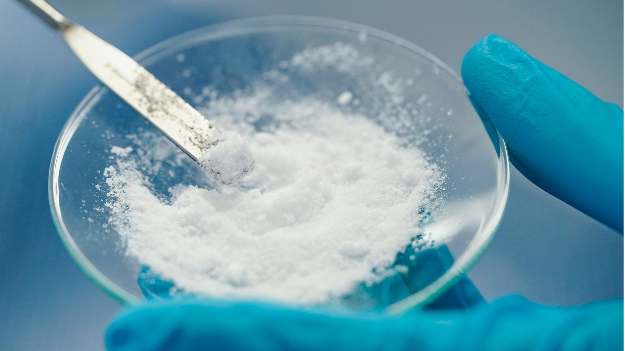 Heiß begehrter Rohstoff: Eine Mitarbeiterin von Vulcan Energy hält eine Glasschale mit Lithiumchlorid in den Händen