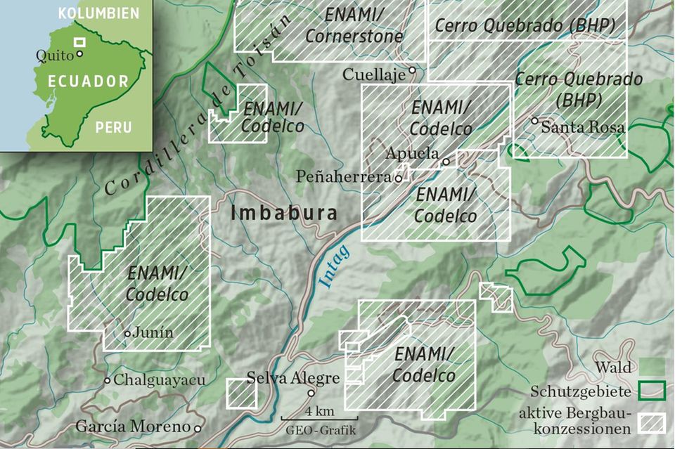 Für das Intag-Tal gibt es 22 Bergbaukonzessionen, in 15 der Gebiete haben schon Arbeiten begonnen. Zu den möchtigen Akteuren zählt der chilenische Staatskonzern Codelco. Zorrilla lebt bei Santa Rosa