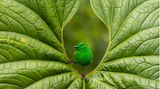 Ein grün gefiederter Vogel, sogenannter Rotohr-Bunttangare, sitzt inmitten eines in der Mitte aufgefächerten Blatt-Ausschnitts.
