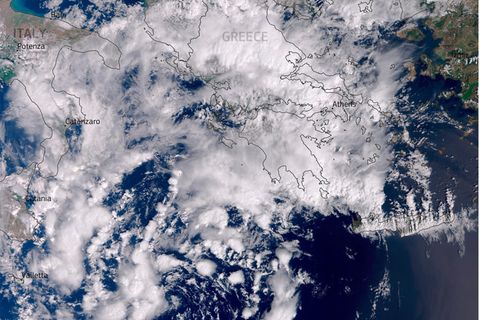 Das Sturmtief Daniel (Satellitenfoto vom 6. September morgens) verursacht verheerende Überschwemmungen in Griechenland, der Türkei und Bulgarien