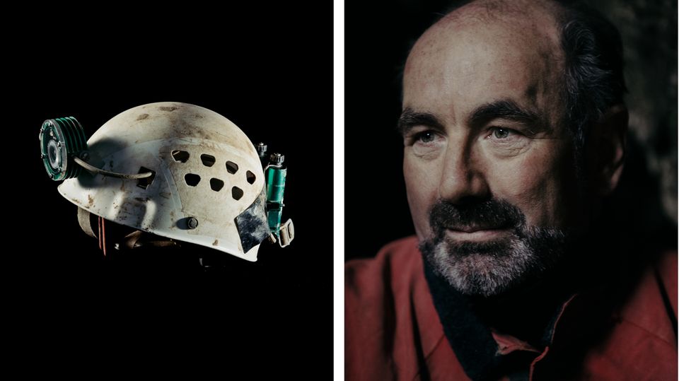 Westhauser und sein Helm aus der Riesending Höhle