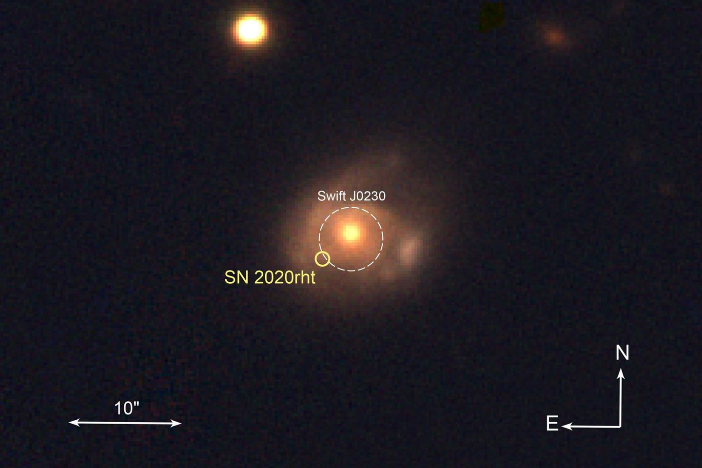Ein Emitter (in der Mitte des weißen Kreises) setzt Röntgenstrahlung frei und macht die kosmische Aktivität sichtbar: Im Abstand von etwa 25 Tagen entreißt ein Schwarzes Loch einem Stern Materie