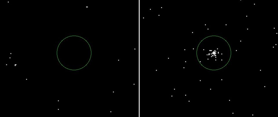 Astronomie: Röntgenaufnahmen von Bord des Satelliten Swift: Beide Bilder zeigen denselben Ausschnitt – links vor, rechts nach der Eruption Röntgenaufnahmen von Bord des Satelliten Swift: Beide Bilder zeigen denselben Ausschnitt – links vor, rechts nach der Eruption