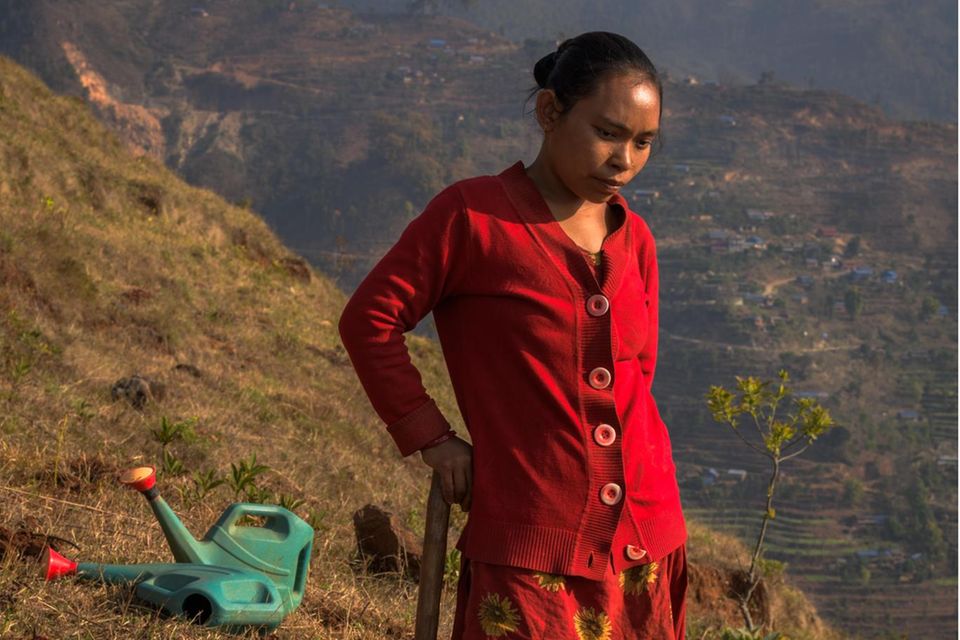 Die Dorfbewohnerin Kamala Gurung pflanzt Setzlinge. Der Boden ist karg, die Hänge sind bis zu 45 Grad steil. Geld bekommen die Helfenden nicht. Der Ökologe Siddhartha Bajracharya (rechte Seite) weiß, wie wichtig diese Selbstbeteiligung ist, damit die Bäume auch nach Projektende gedeihen