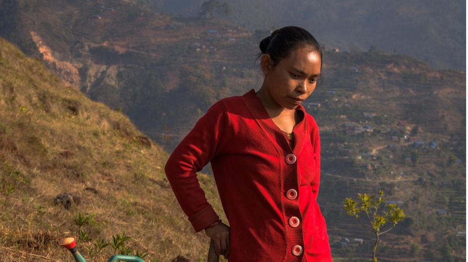 Die Dorfbewohnerin Kamala Gurung pflanzt Setzlinge. Der Boden ist karg, die Hänge sind bis zu 45 Grad steil. Geld bekommen die Helfenden nicht. Der Ökologe Siddhartha Bajracharya (rechte Seite) weiß, wie wichtig diese Selbstbeteiligung ist, damit die Bäume auch nach Projektende gedeihen