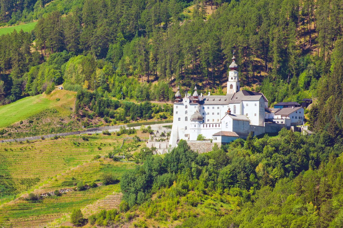Ein weißes, sehr großes Haus mit Zwiebelturm und Türmchen in einem Wald am Berghang.