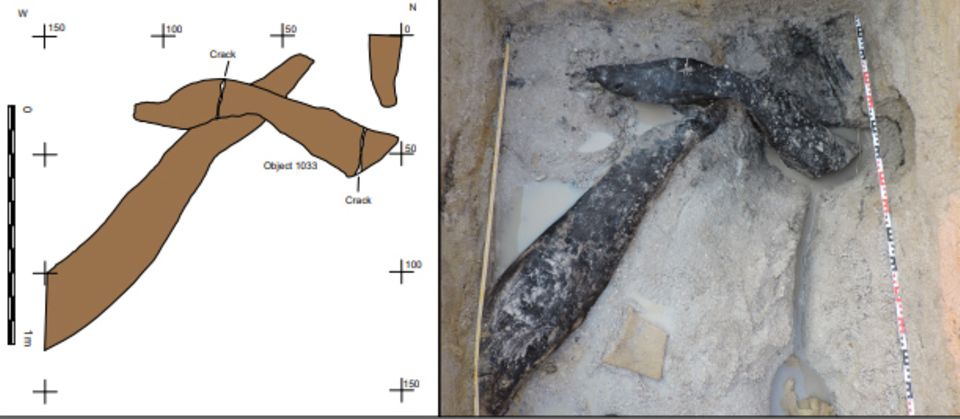 Foto und schematische Zeichnung der ältesten Holzkonstruktion