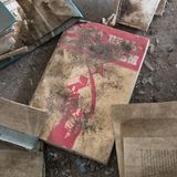 Ein Buch im Dreck unter Dreck auf dem Fußboden. Hammer und Sichel in Rot.