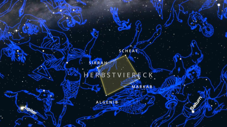 Das Herbstviereck ist am Abend gut zu erkennen. Es "leiht" sich drei Sterne des Pegasus sowie einen Stern von Andromeda