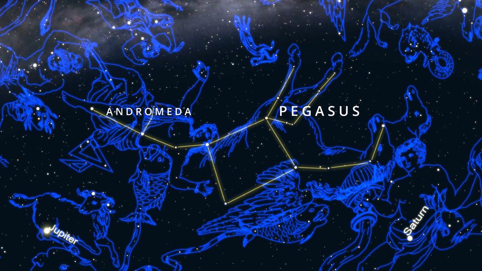 Astrohighlights im Oktober: Pegasus reitet "über Kopf" über das Firmament: Das Sternbild ist von uns aus gesehen falsch herum. Zusammen mit der Sternenkette Andromeda bildet Pegasus das Herbstviereck Pegasus reitet "über Kopf" über das Firmament: Das Sternbild ist von uns aus gesehen falsch herum. Zusammen mit der Sternenkette Andromeda bildet Pegasus das Herbstviereck